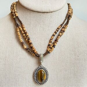 Avon SP Tiger’s Eye pendant necklace with tiny wood and bronze glass seed beads